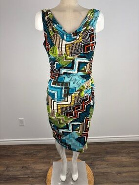 Frank Lyman Design Teal, Lime and Black Geometric Midi Dress 8